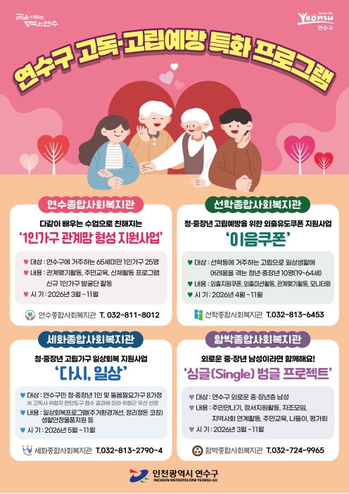 연수구가 사회적 고립 가구의 일상을 살피고 지역사회 복귀를 돕기 위해 지역 내 종합사회복지관 4곳과 함께 2026년 고독고립 예방 특화사업을 본격적으로 추진한다